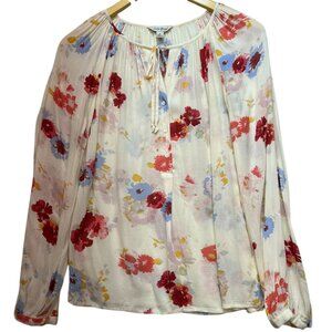 Lucky Brand Women's Half Button Boho Peasant Top Long Sleeve Size S Cream Floral